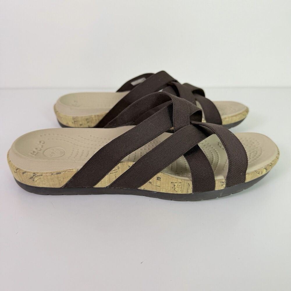 Crocs Edie Stretch Sandals Womens 9 Brown Criss Cross Strappy Comfort Slide - Picture 5 of 16
